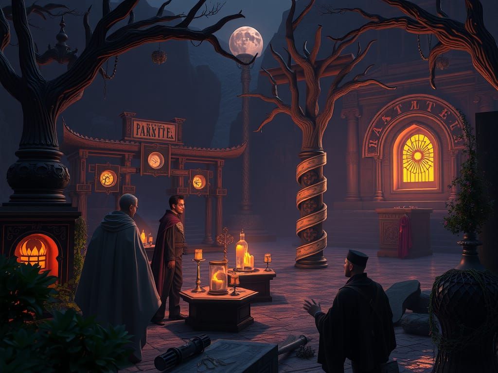 Mystical Figures Search for Clues in Dark Fantasy Scene