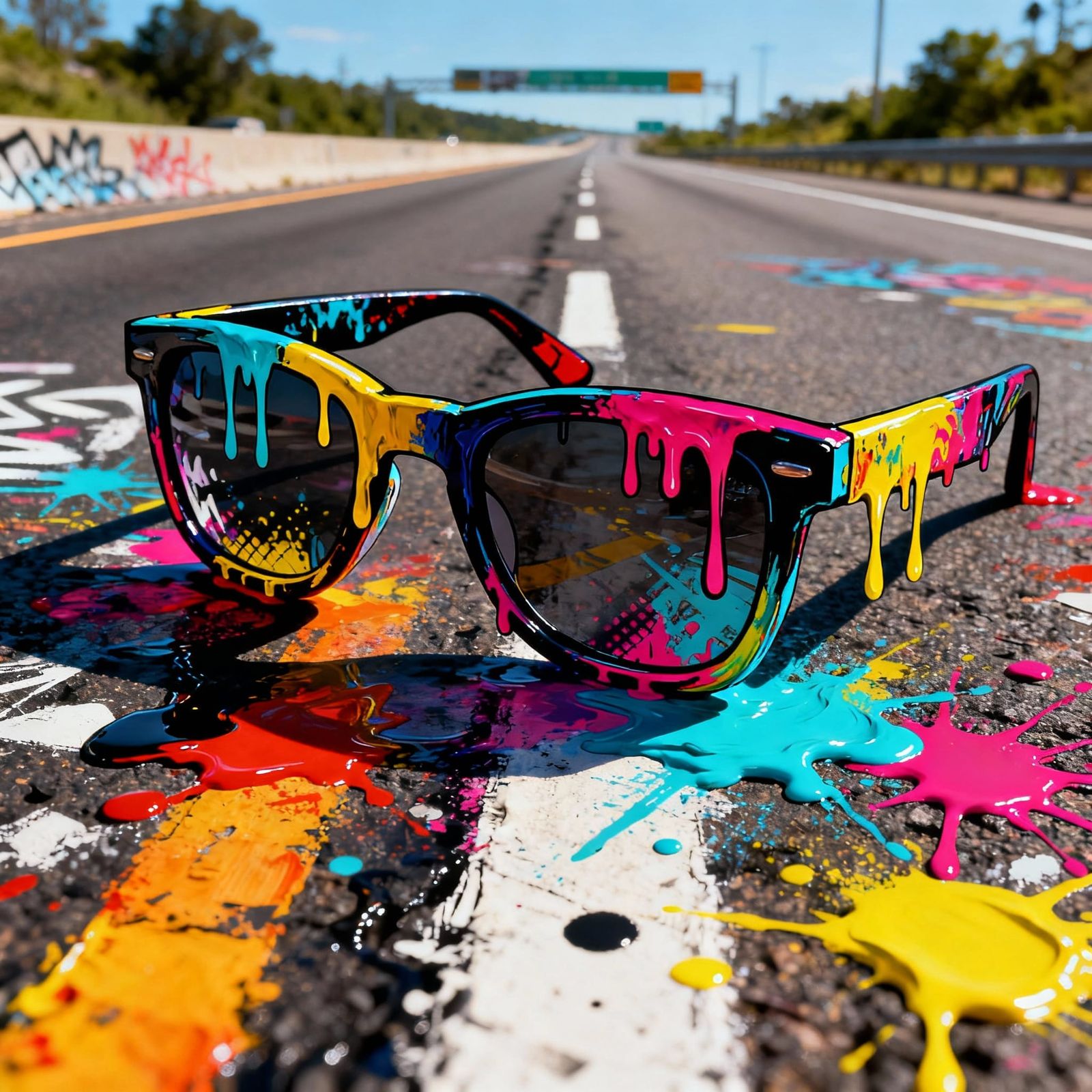 Pop Art Glasses on Highway in Graffiti Style