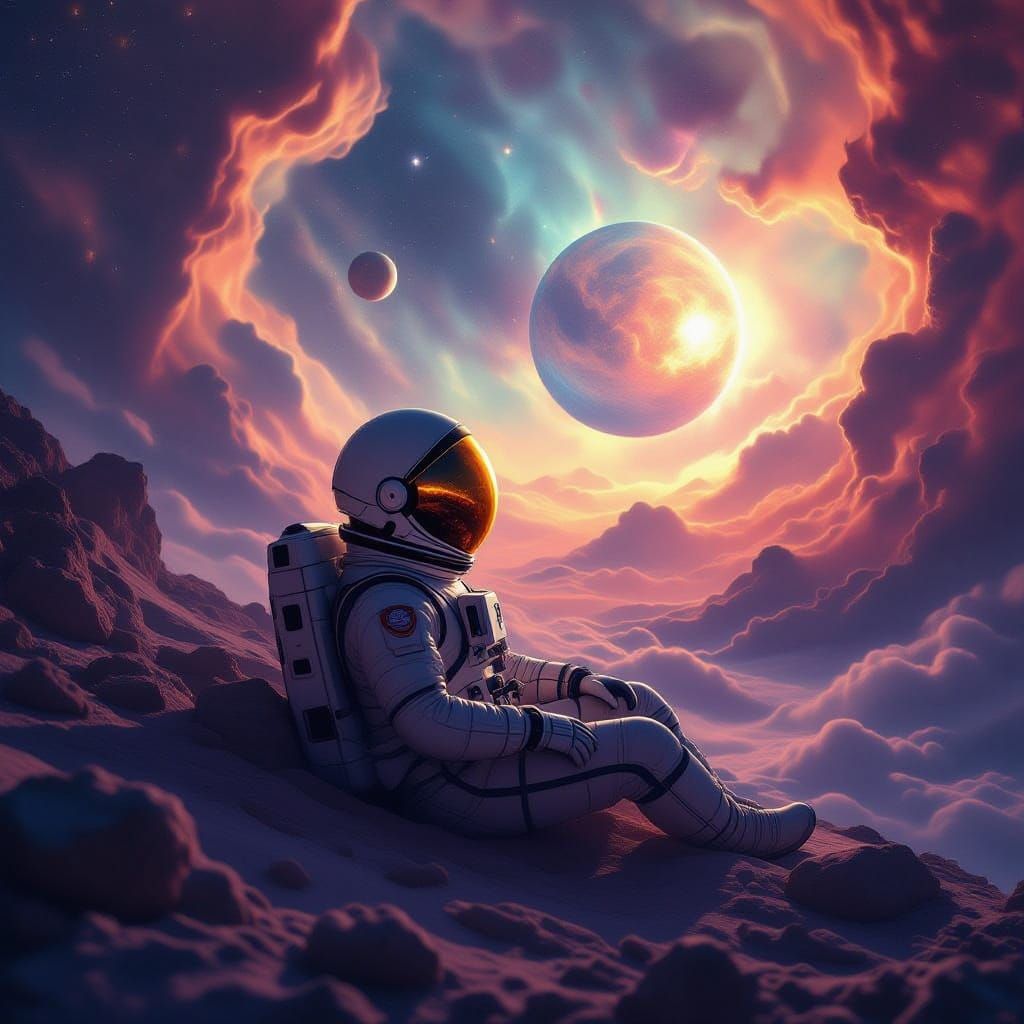 Astronaut Adrift in Cosmic Ocean with Hieroglyph Nebulae