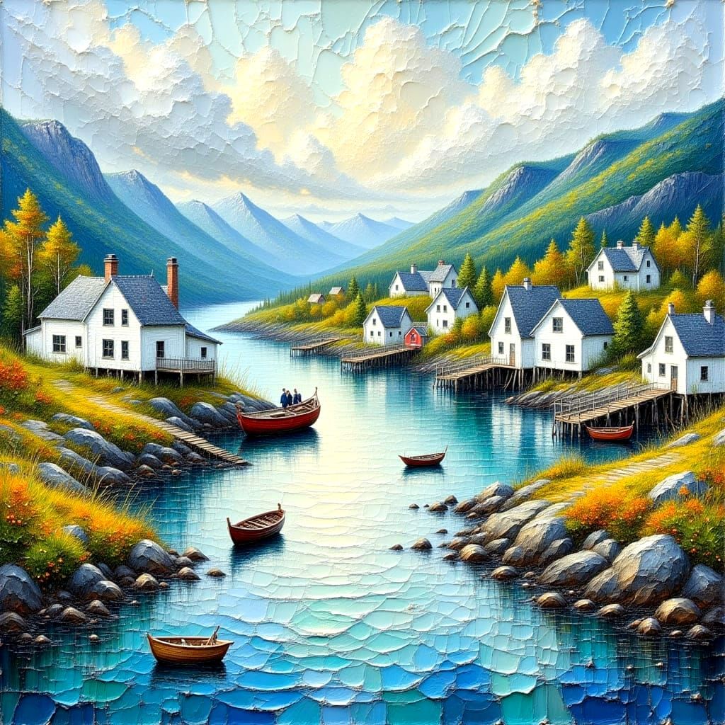 Vibrant Newfoundland Harbor Scene in Springtime Oil Painting
