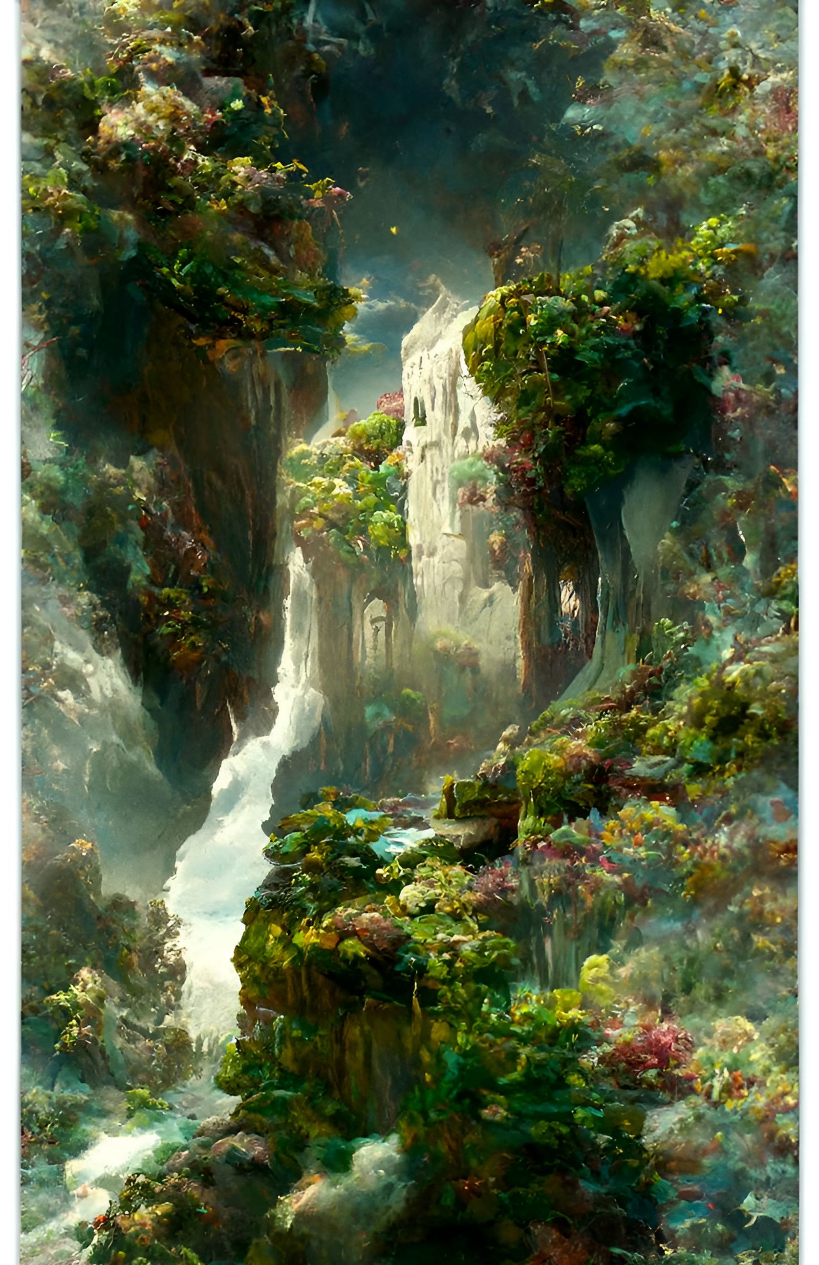 Overgrown Castle and River in Hyperrealistic Landscape
