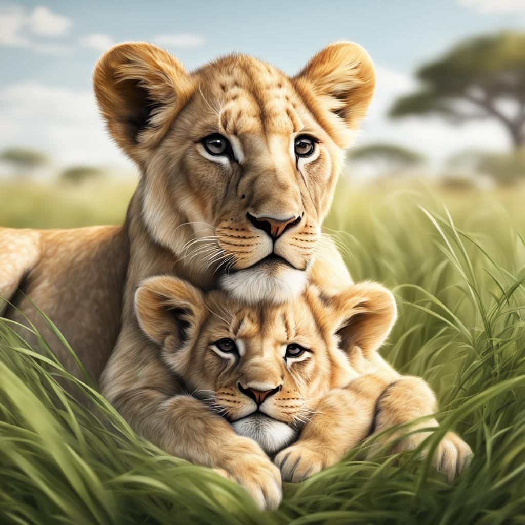 3D Newborn Lion Cub in Savanna Grass