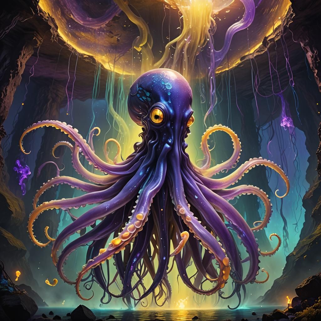 Bioluminescent Squid in Mystical Mine, Fantasy Concept Art