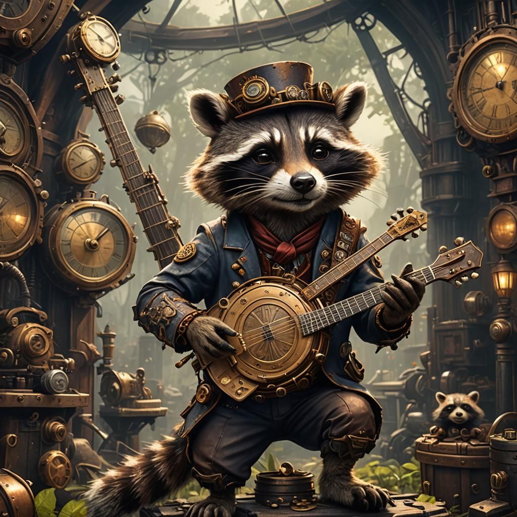 Steampunk Raccoon Banjo Player in Detailed Matte Painting