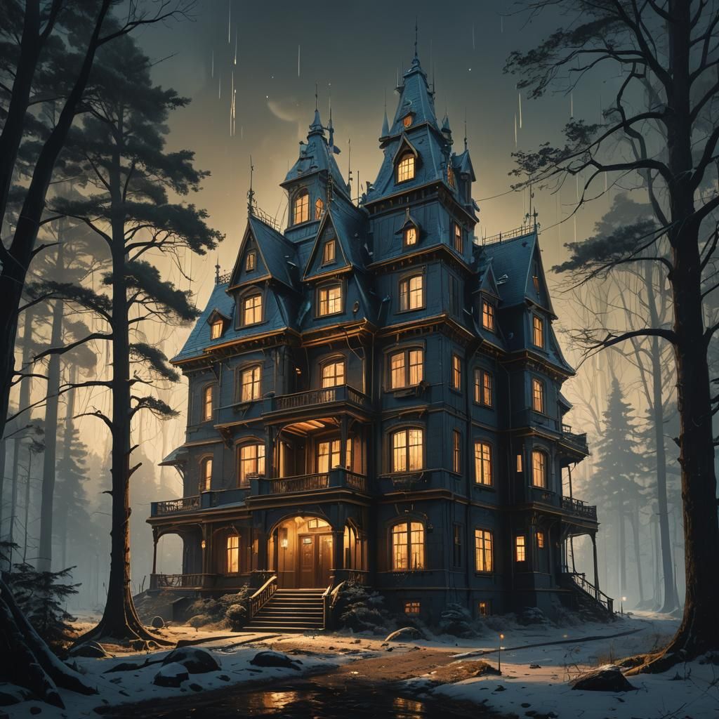Luxury Mansion in Dark Forest: Fantasy Concept Art