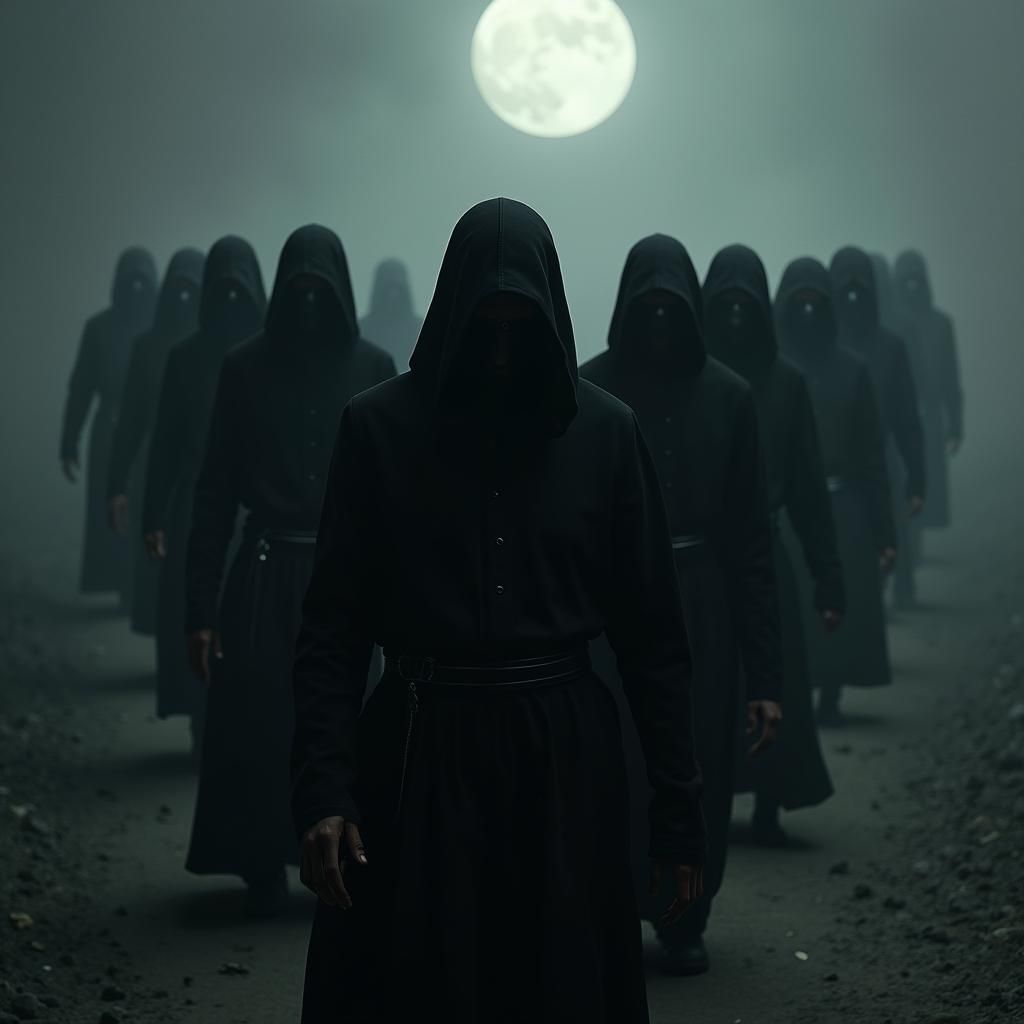 Assassins in Dark Hoods Walking in Moonlight