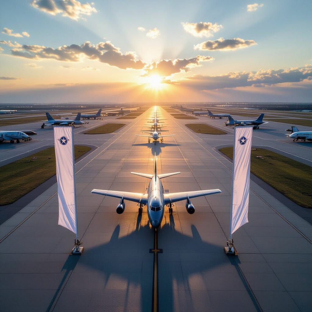 Golden Hour Aerial View of Air Force Base with White Banners