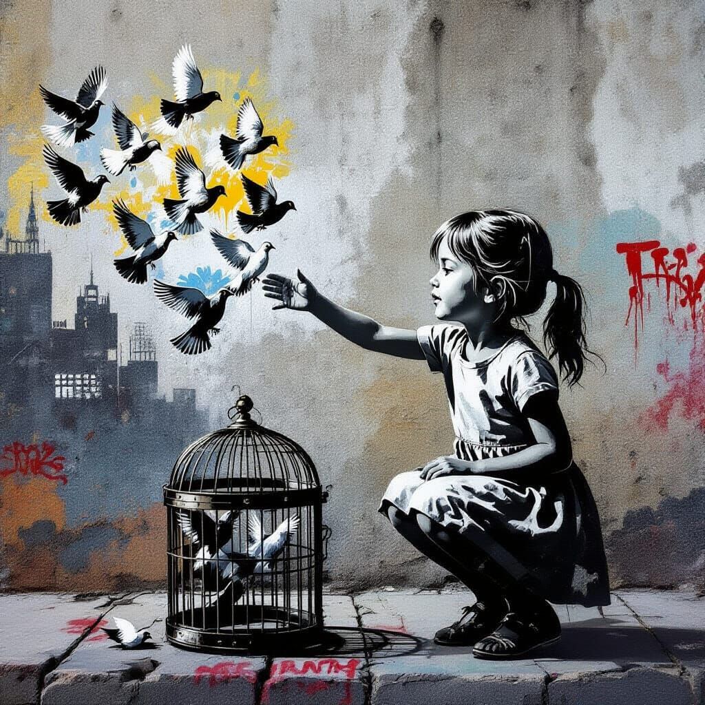 Banksy-Style Street Art: Girl with Doves