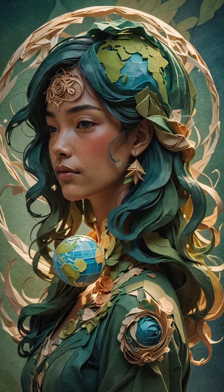 Woman Embracing Origami Earth in Watercolor Style