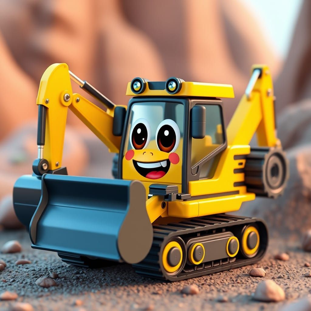 Vibrant Toy Excavator Leader in Whimsical 3D Cartoon Style
