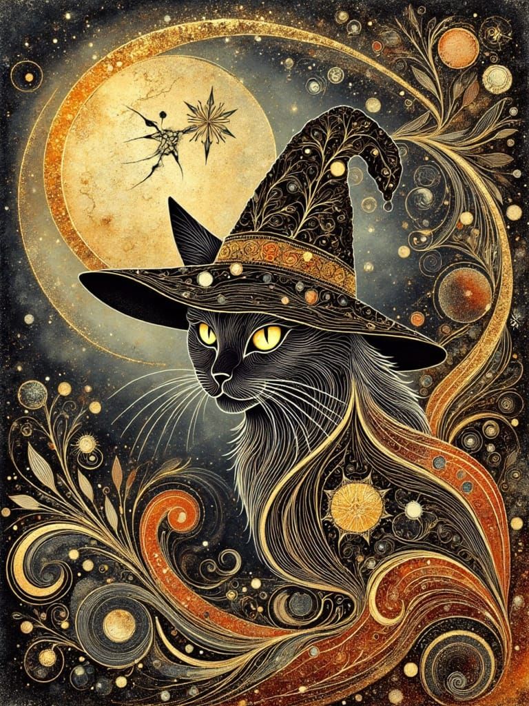 Abstract Cat Witch in Halloween Colors