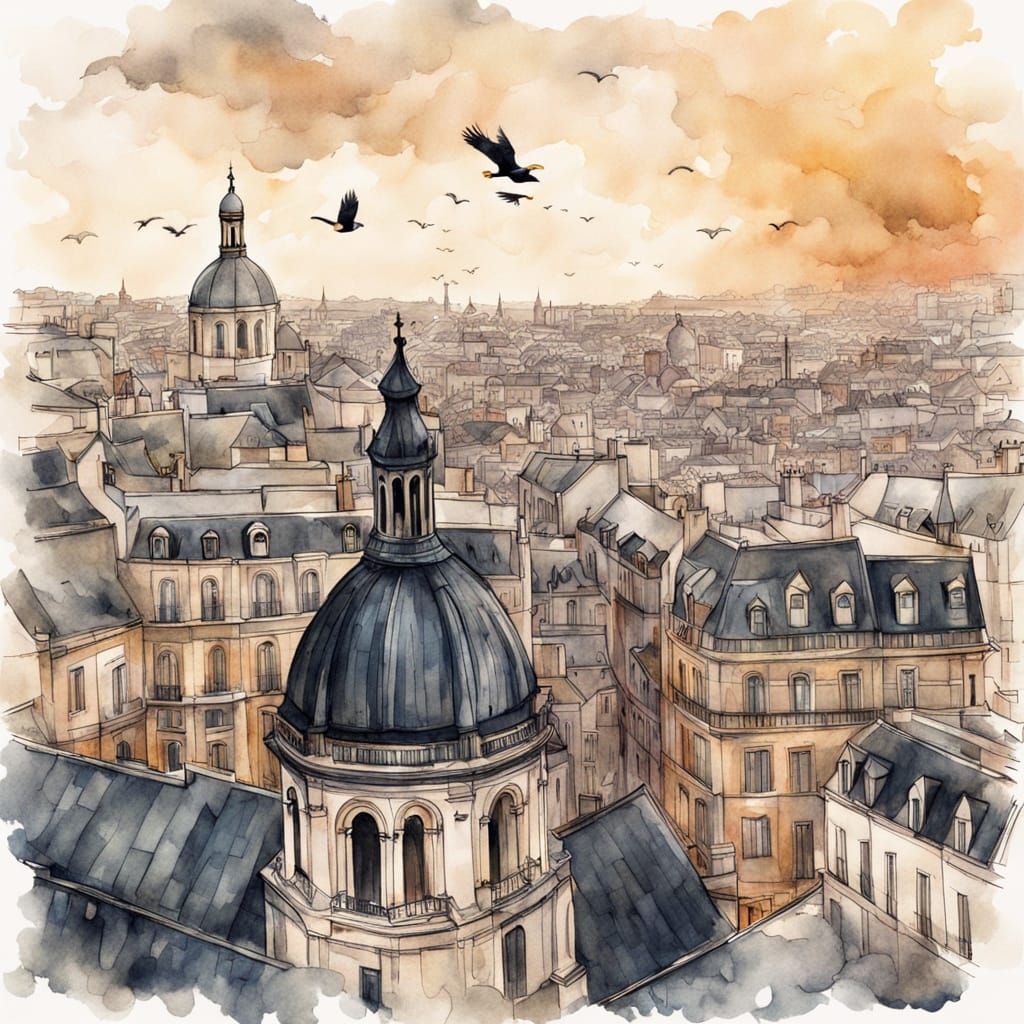 Eagle Over Montmartre: Watercolor Bird's-Eye View