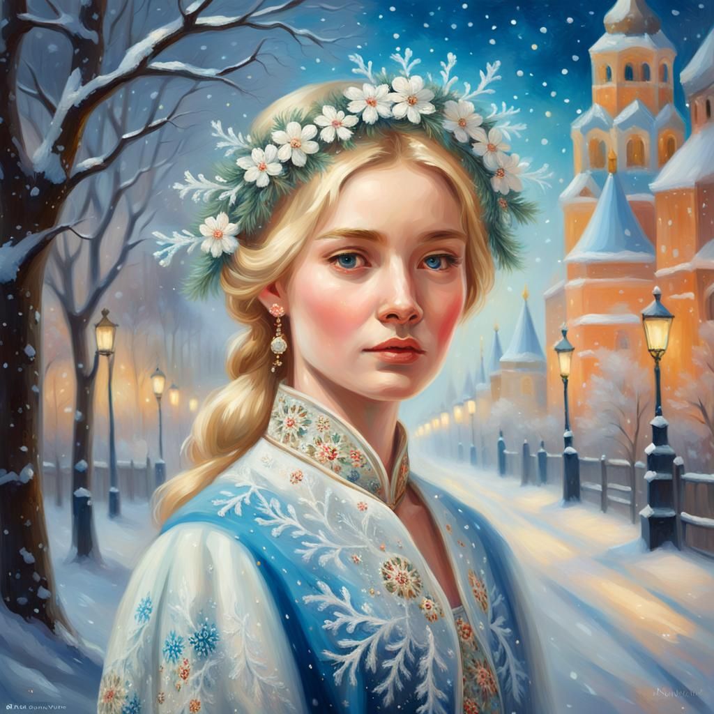 Russian Model in Snowy Wonderland, Impressionist Oil Paintin...
