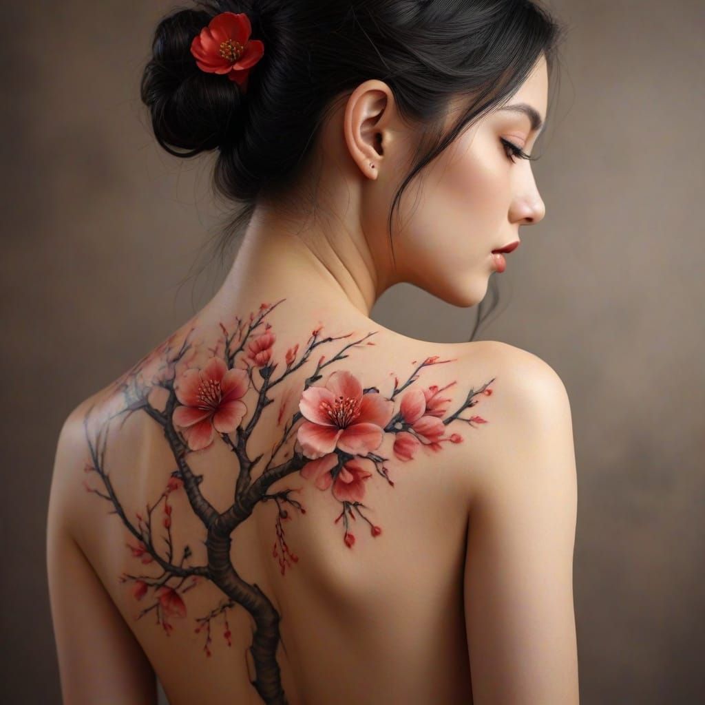 Hyperrealistic Cherry Blossom Tattoo Art on Bare Back