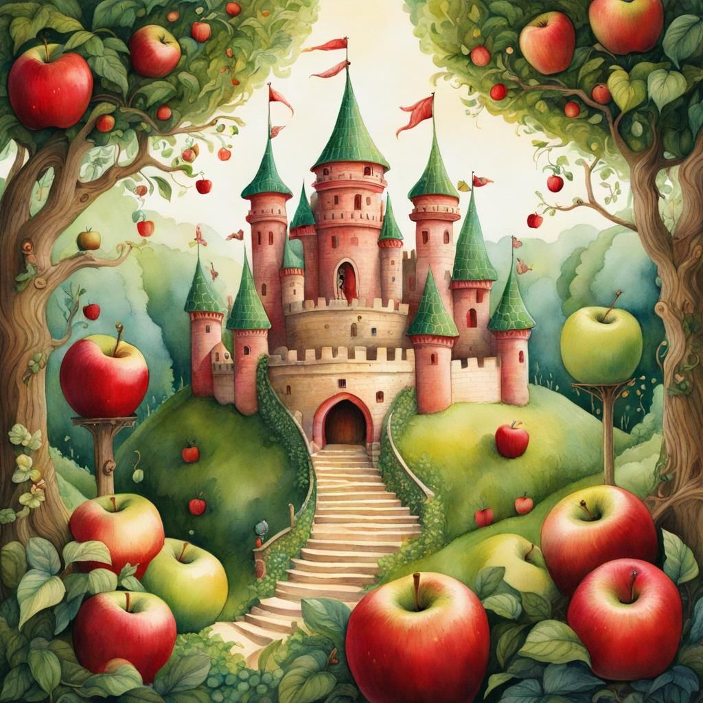 Magical Apple Castle: Whimsical Watercolor Illustration