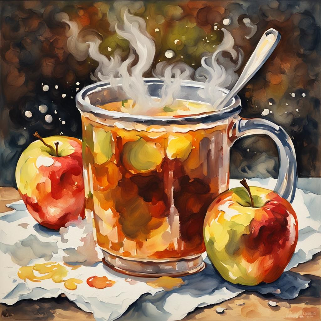 Steaming Apple Cider Still Life in Gouache Style
