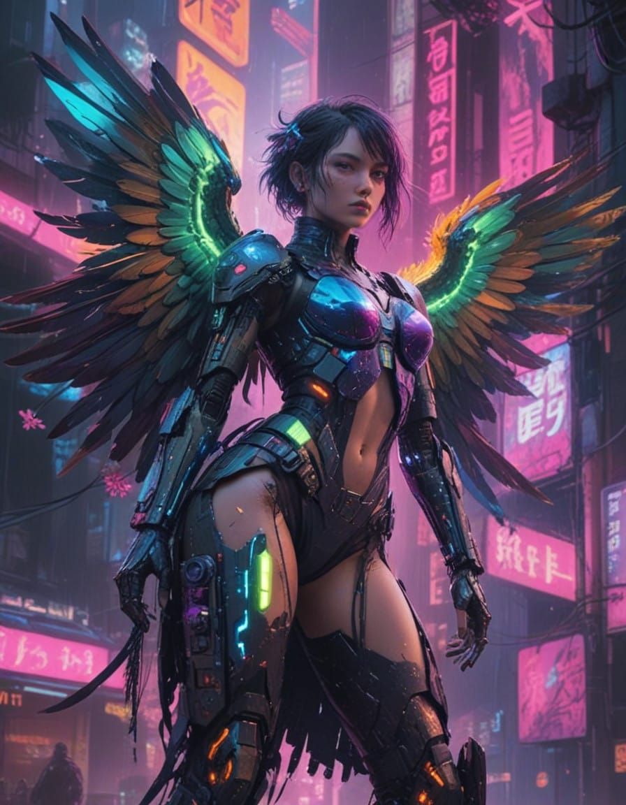 Cyberpunk Parrot Woman Cyborg in Neon Metropolis