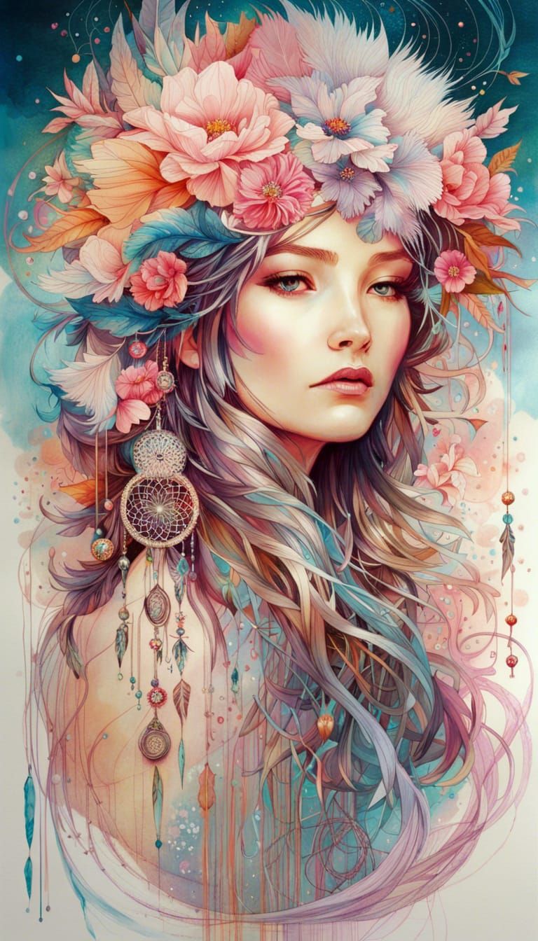 Dreamcatcher Surrounded by Sakura in Ink Flow Art