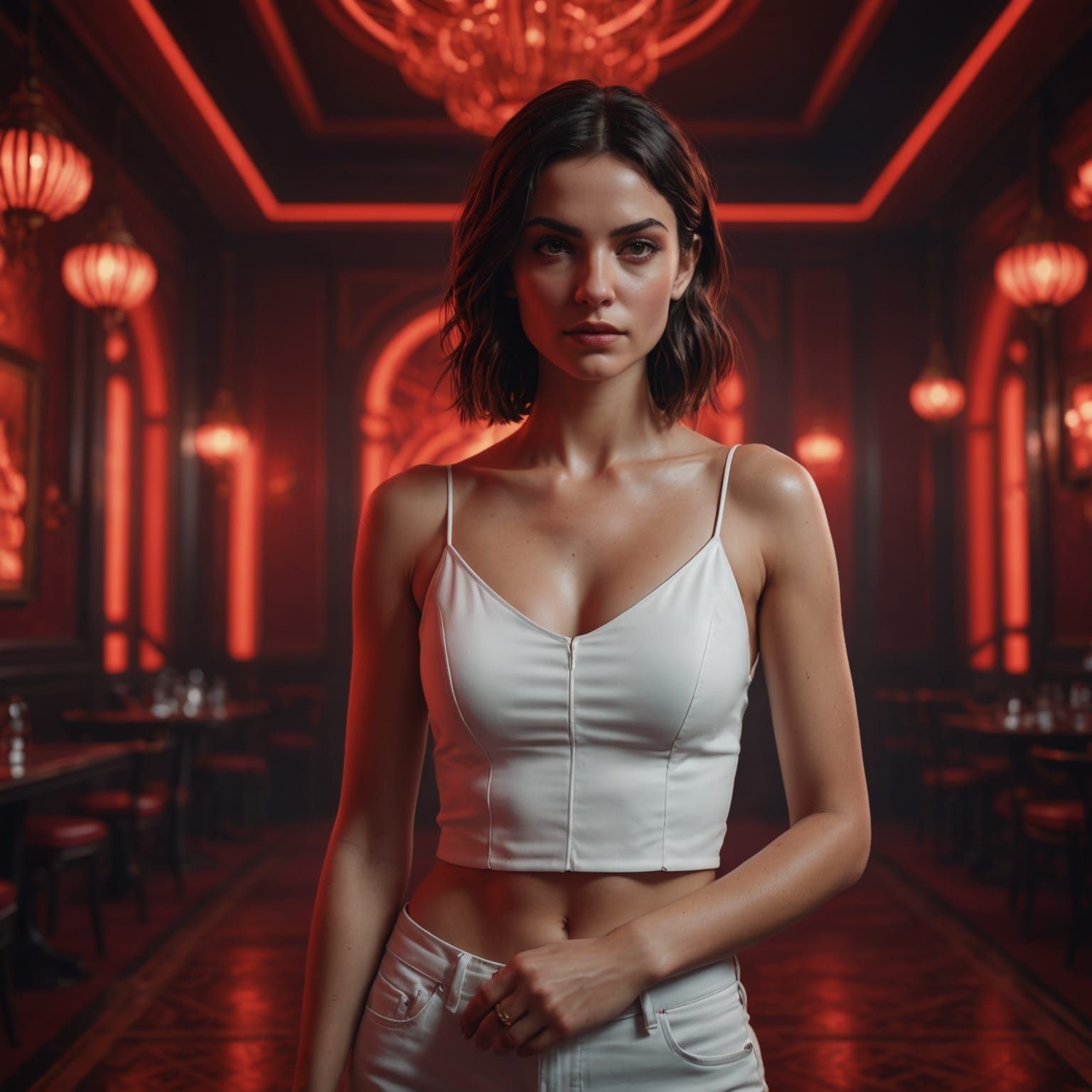 Woman in White Top in Dimly Lit Room