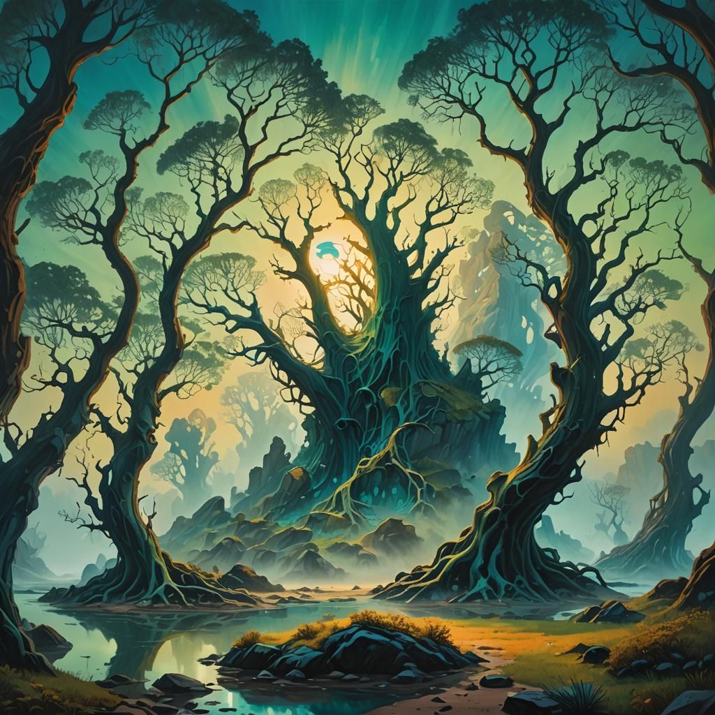 Surreal Island Landscape at Dawn in Oil Painting Style