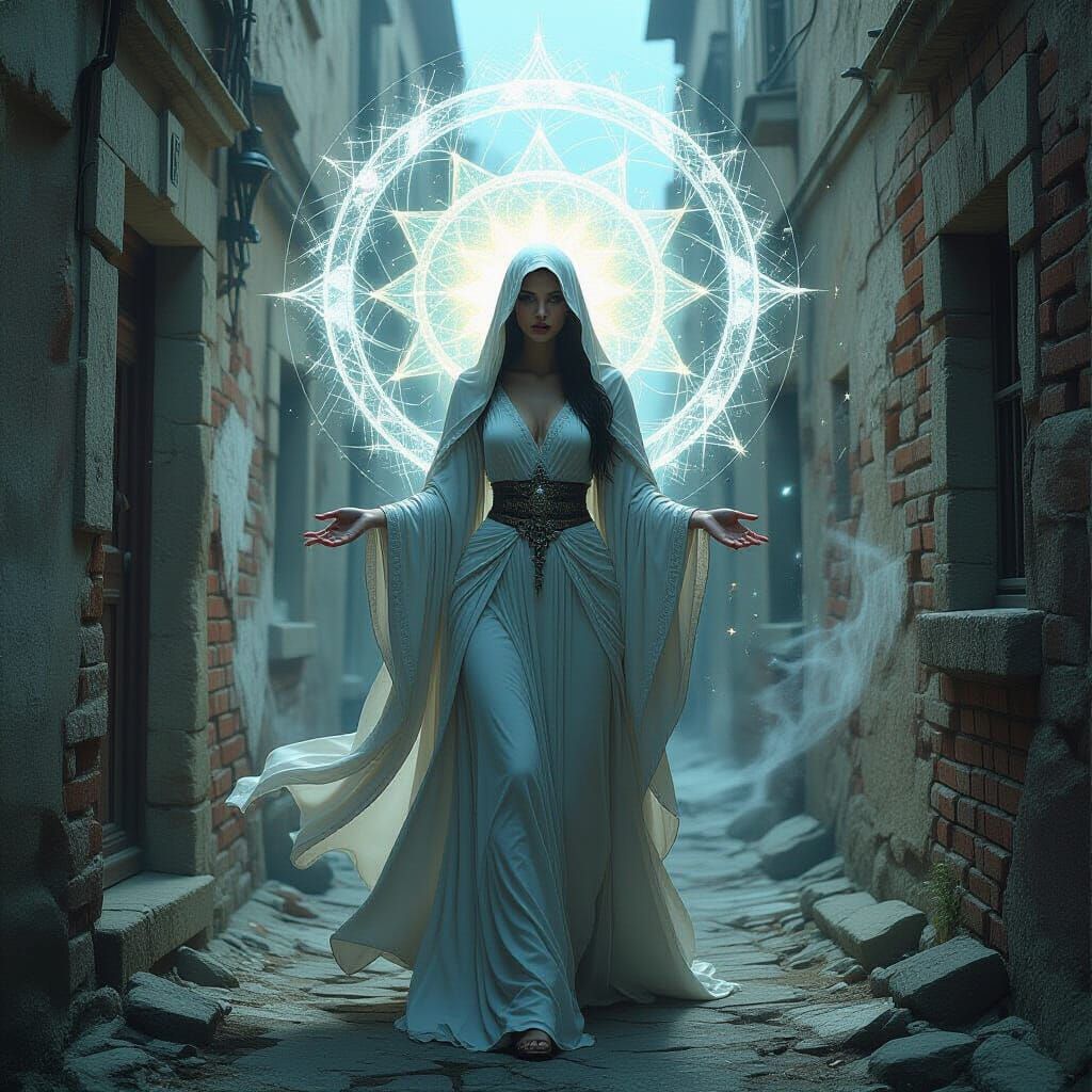 Ethereal Woman Emerges from Chaos in Alleyway
