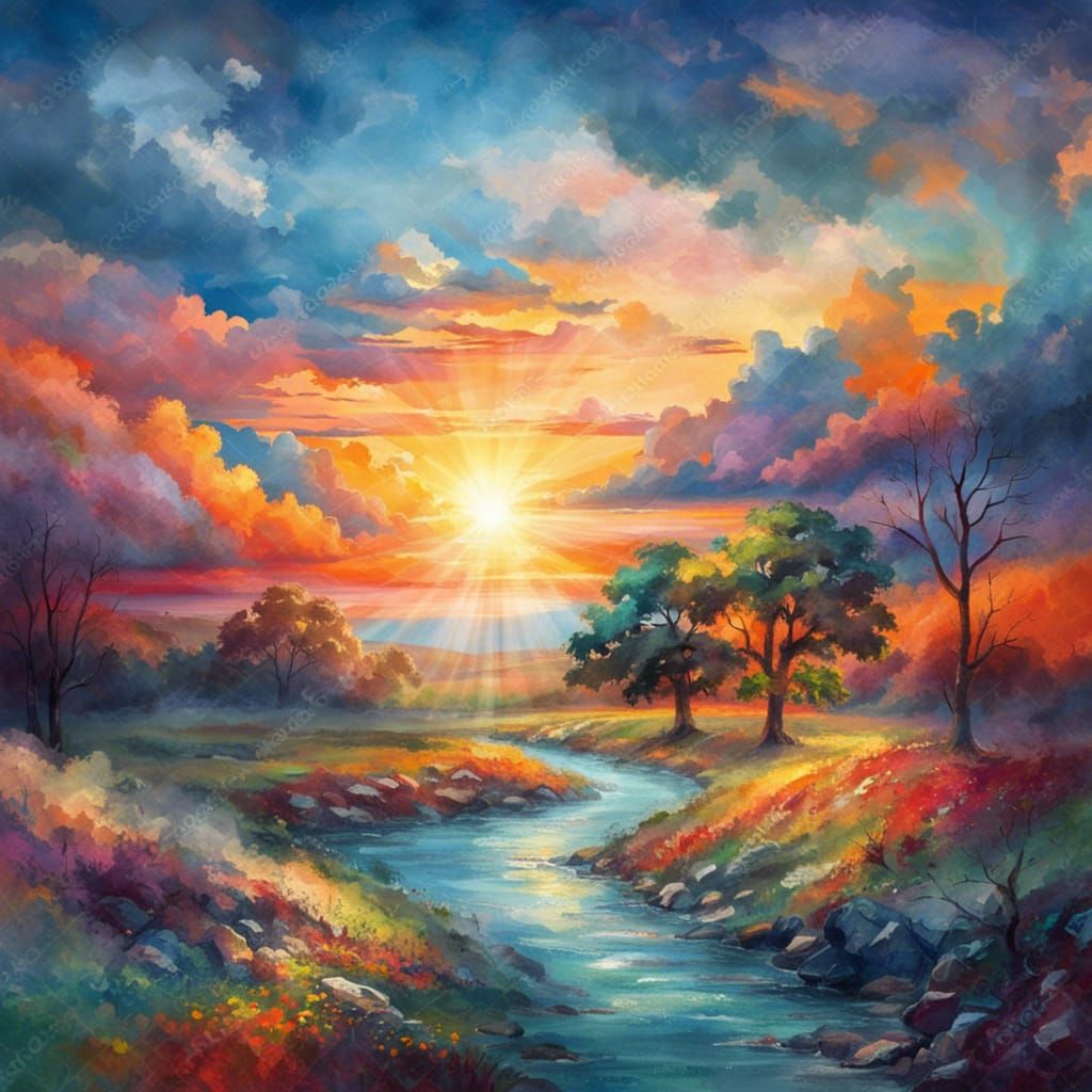 Sunrise Landscape with Divine Light Rays