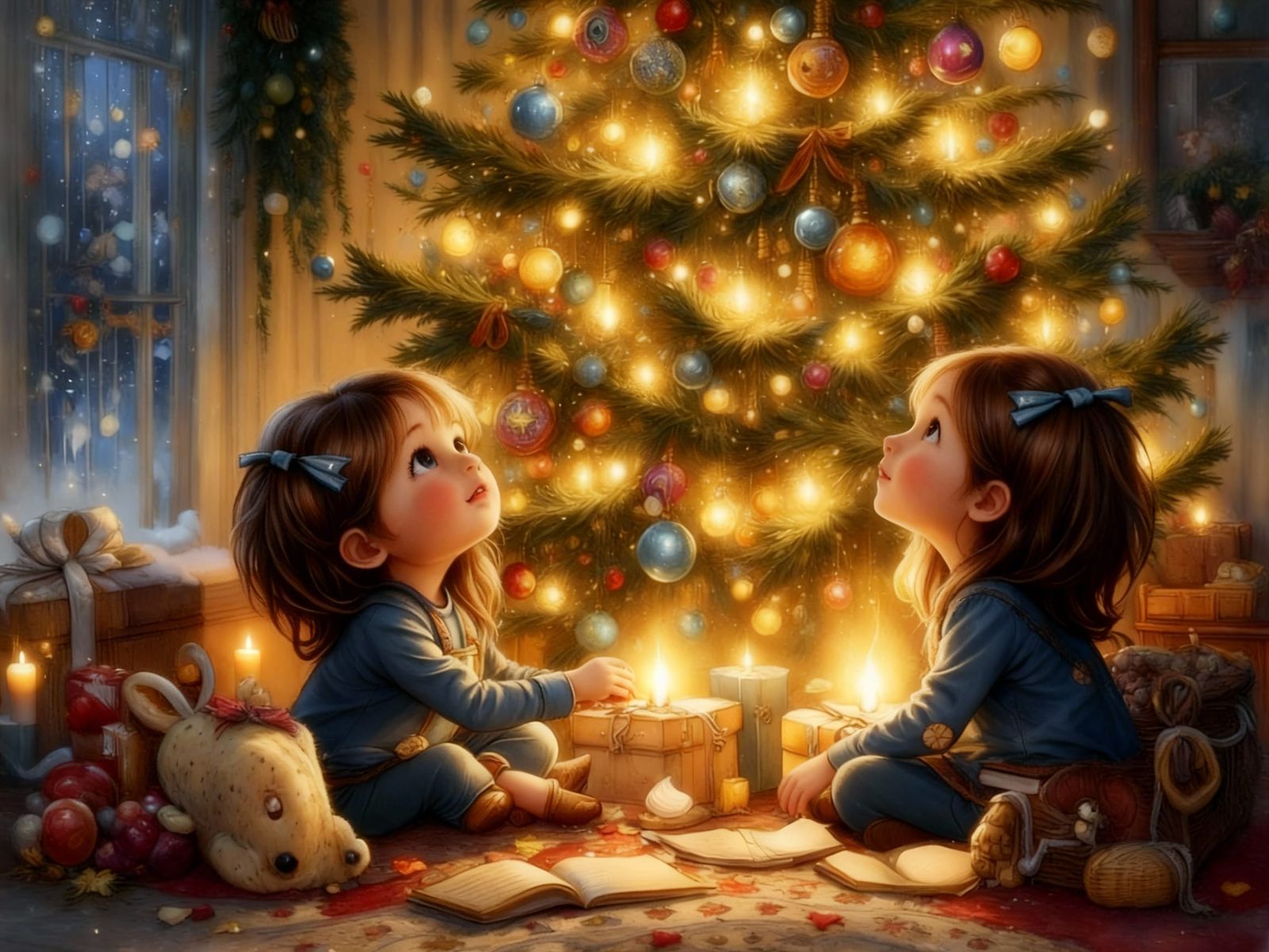 Children Admire Cozy Christmas Tree in Watercolor Style