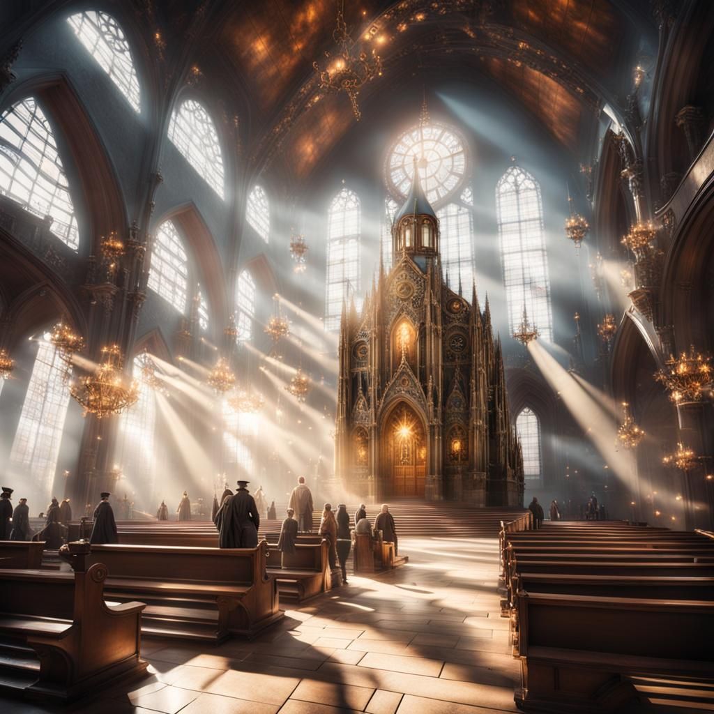 Futuristic Steampunk Church with Divine Sunshine