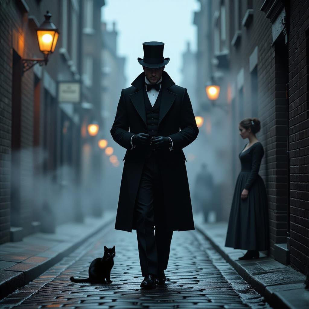 Whitechapel Street at Night with Man and Cat