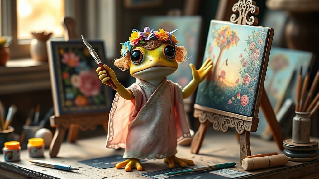 Whimsical Miniature Artist Frog in a Dreamlike Studio