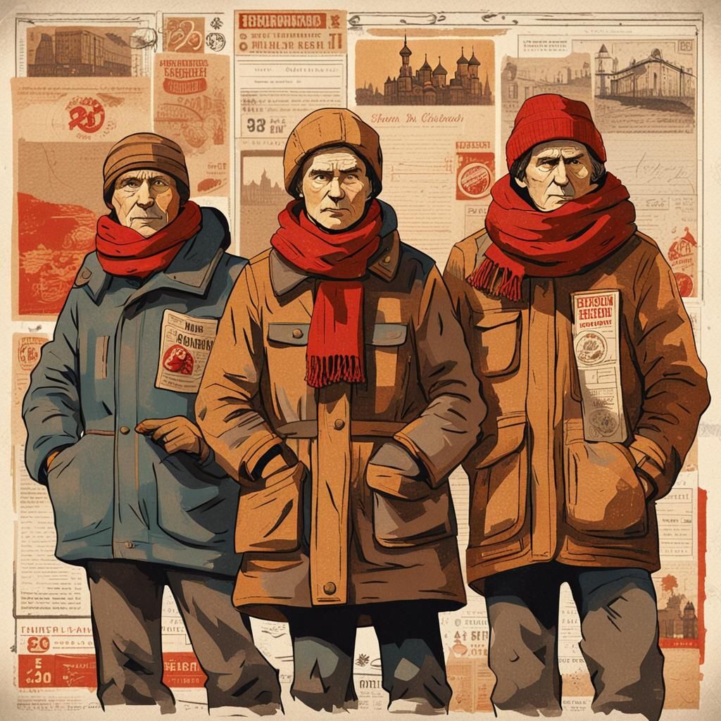 Retro Russian Character Art in Soviet Collage Style