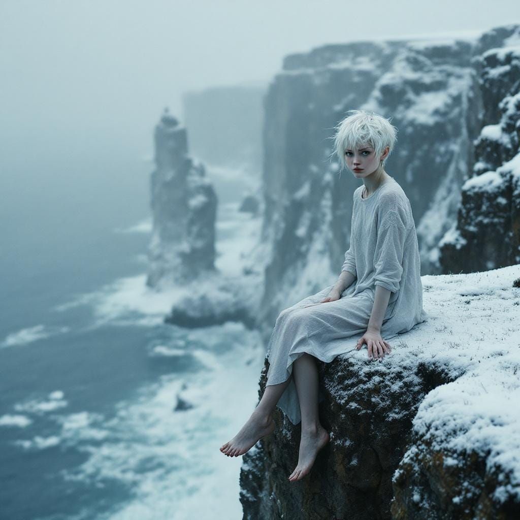 Snowy Blizzard: Teenage Albino Woman on Cliffs