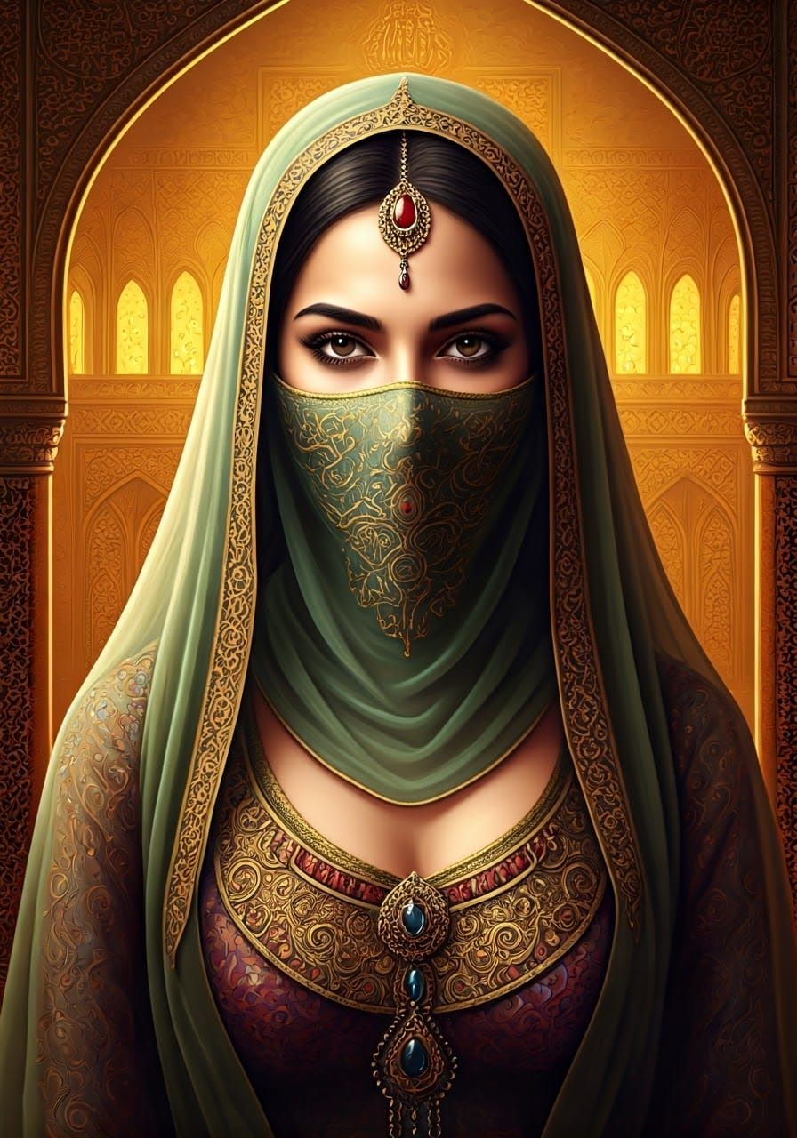 Exotic Arabian Nights Beauty in Opulent Persian Miniature St...