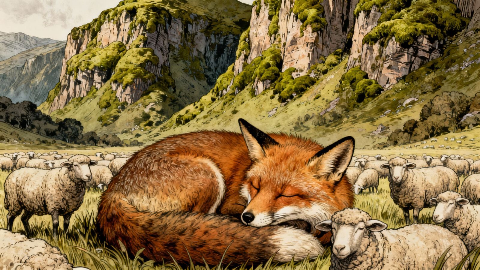 Fox Sleeps Peacefully Amidst Sheep and Mountains