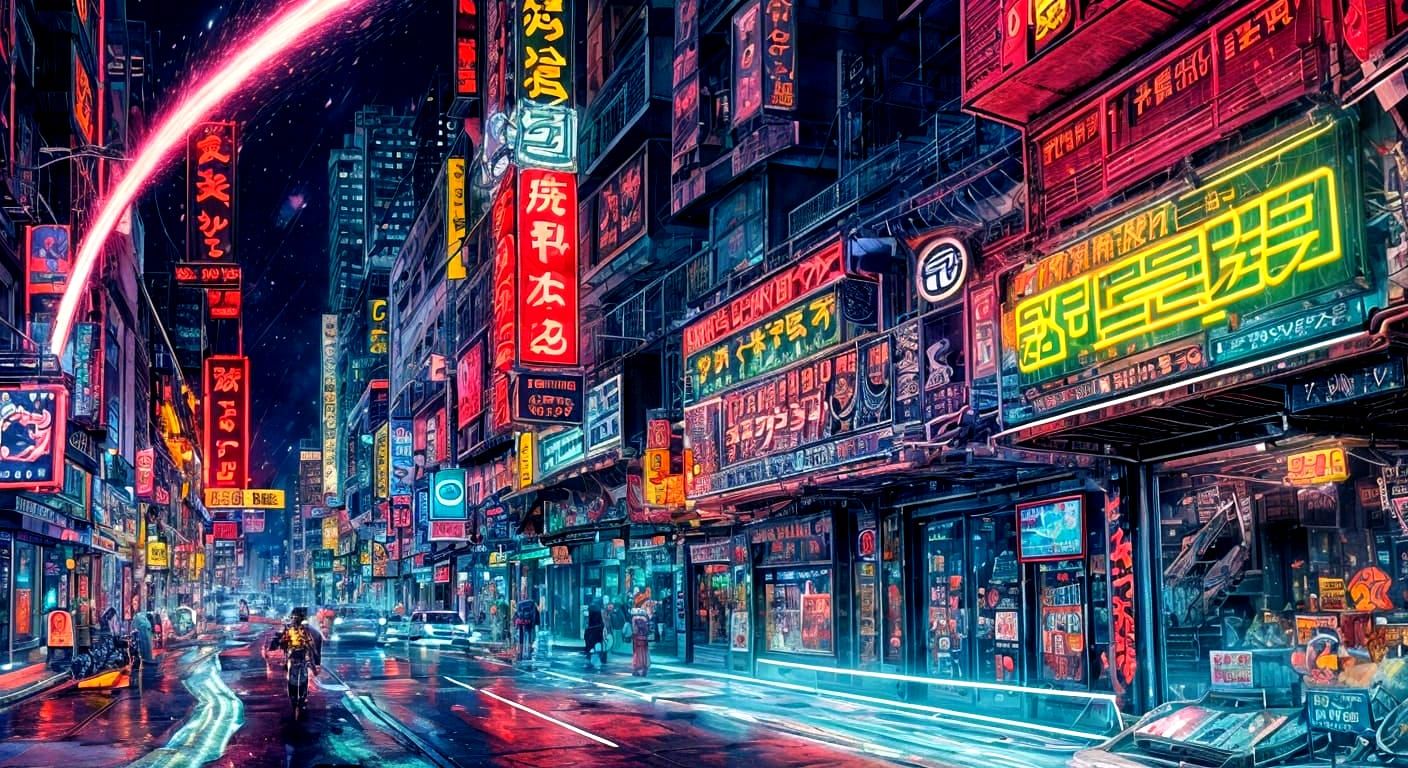 Cyberpunk Samurai Battles Dragon in Neon City