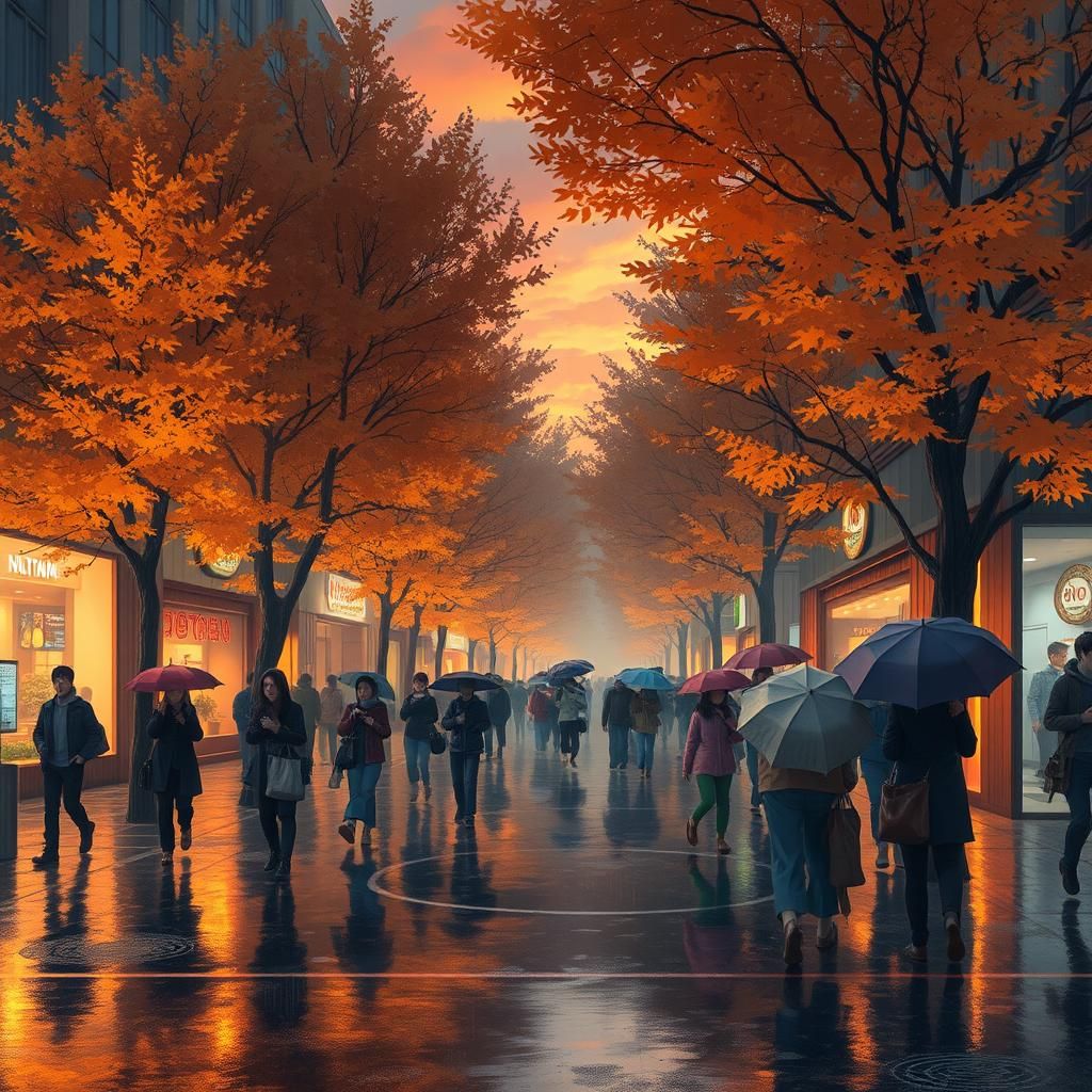 Rainy Autumn Street Scene in Anime Style