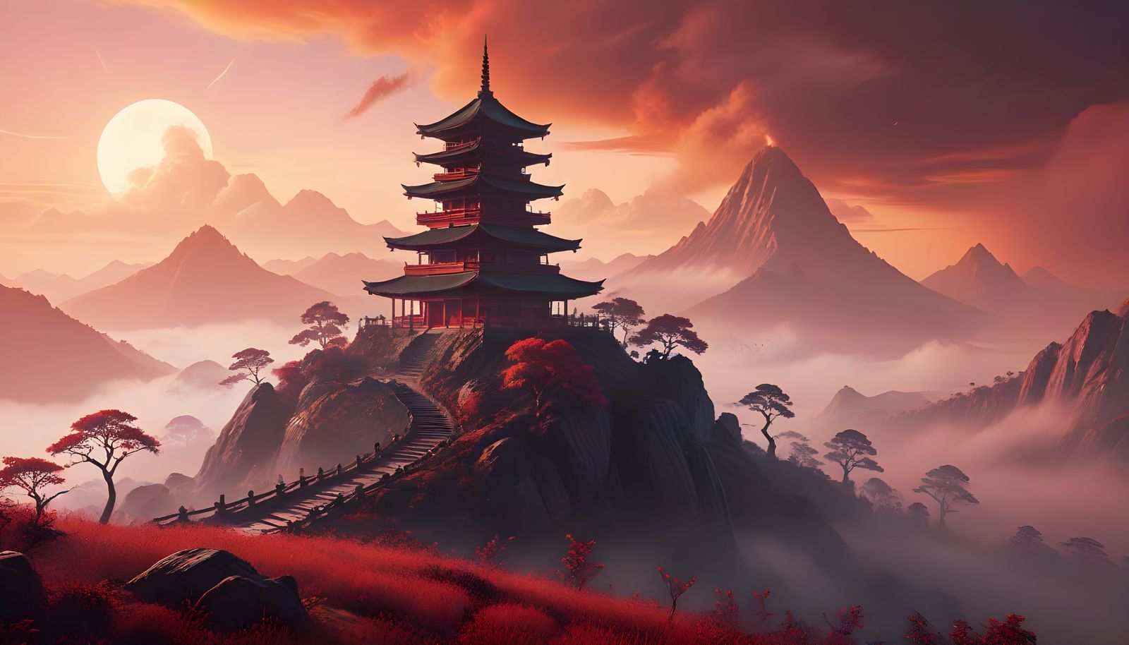 Pagoda Emerging from Thick Fog on Hilltop