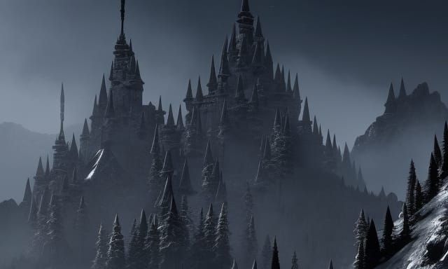 Dark Fantasy Castle in Majestic Mountains