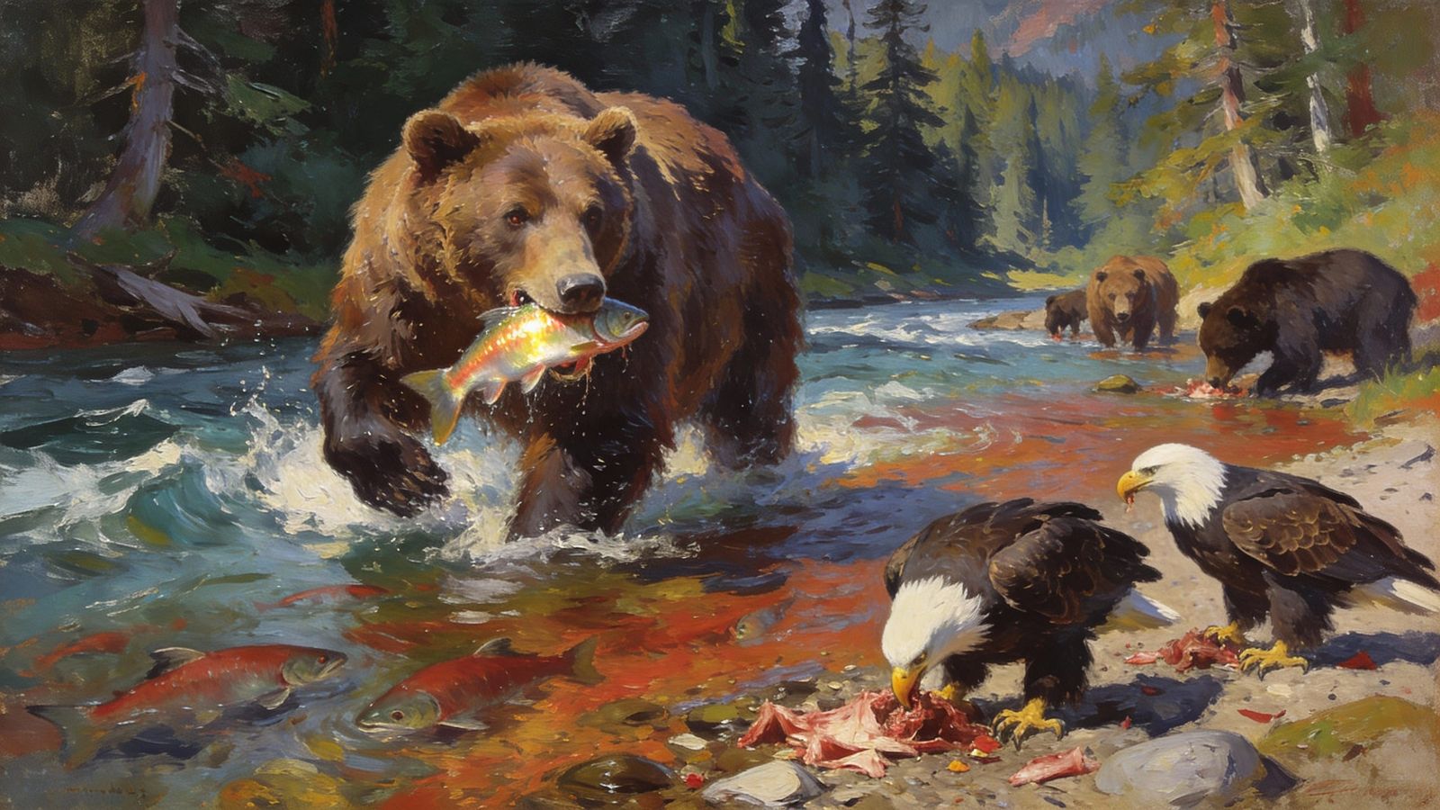 Majestic Bear Fishing in Salmon River Oil Painting