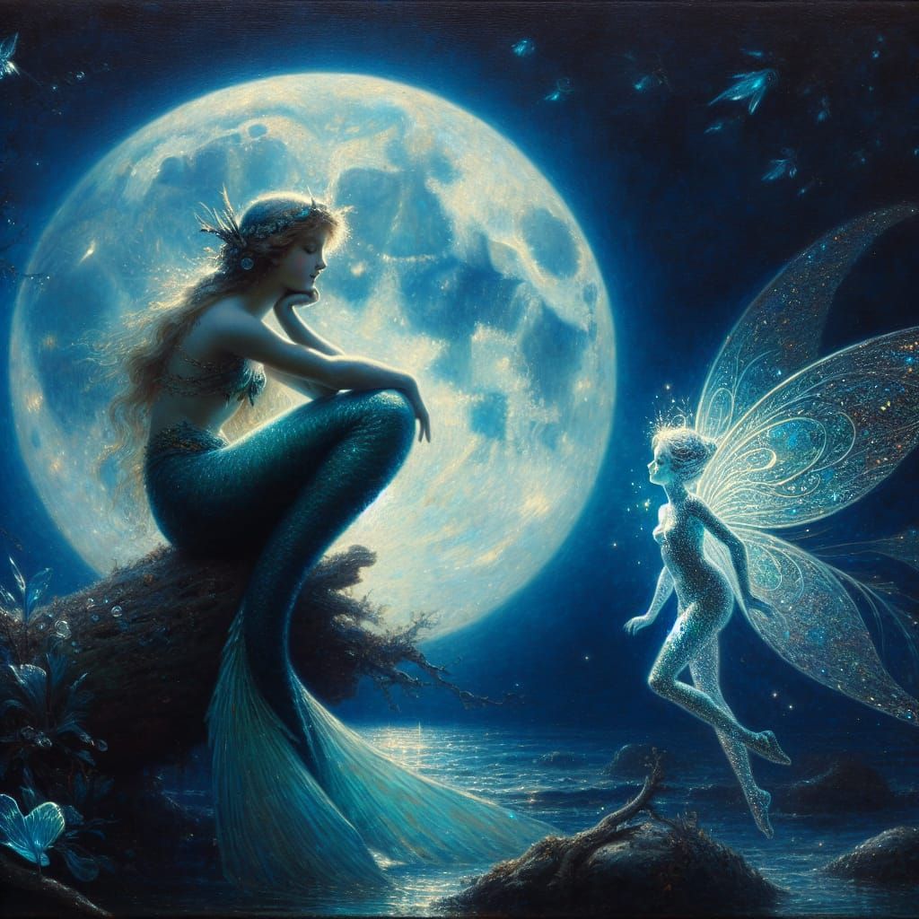 Mermaid and Glass Fairy under Blue Moon