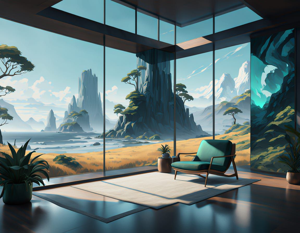 Serenity in Modern Minimalism: A View of Emerald Green Lands...