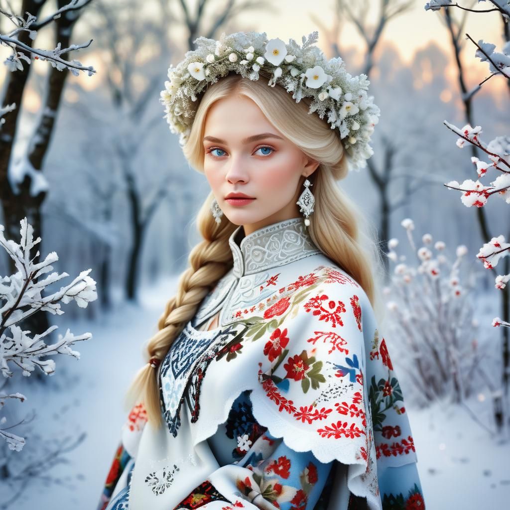 Russian Blonde in Slavic Dress: Folk Art Portrait