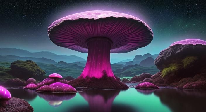 Alien Planet with Bioluminescent Mushrooms