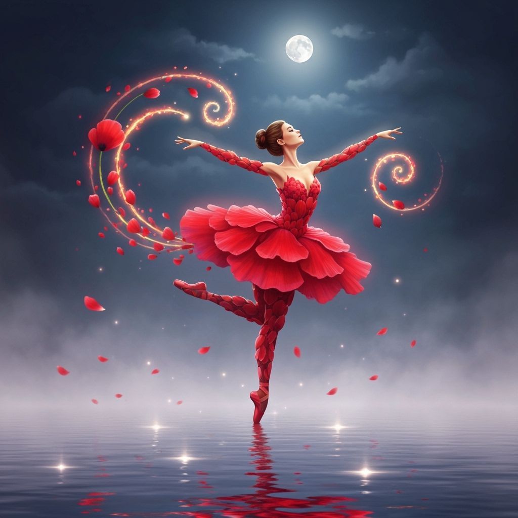Poppy Petal Ballerina Dances on Mirror Lake Under Moon