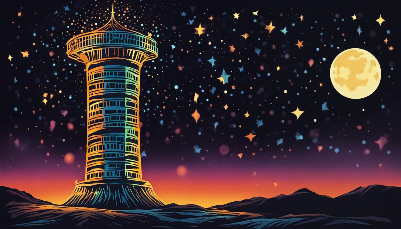 Glowing Metal Tower Cartoon Poster