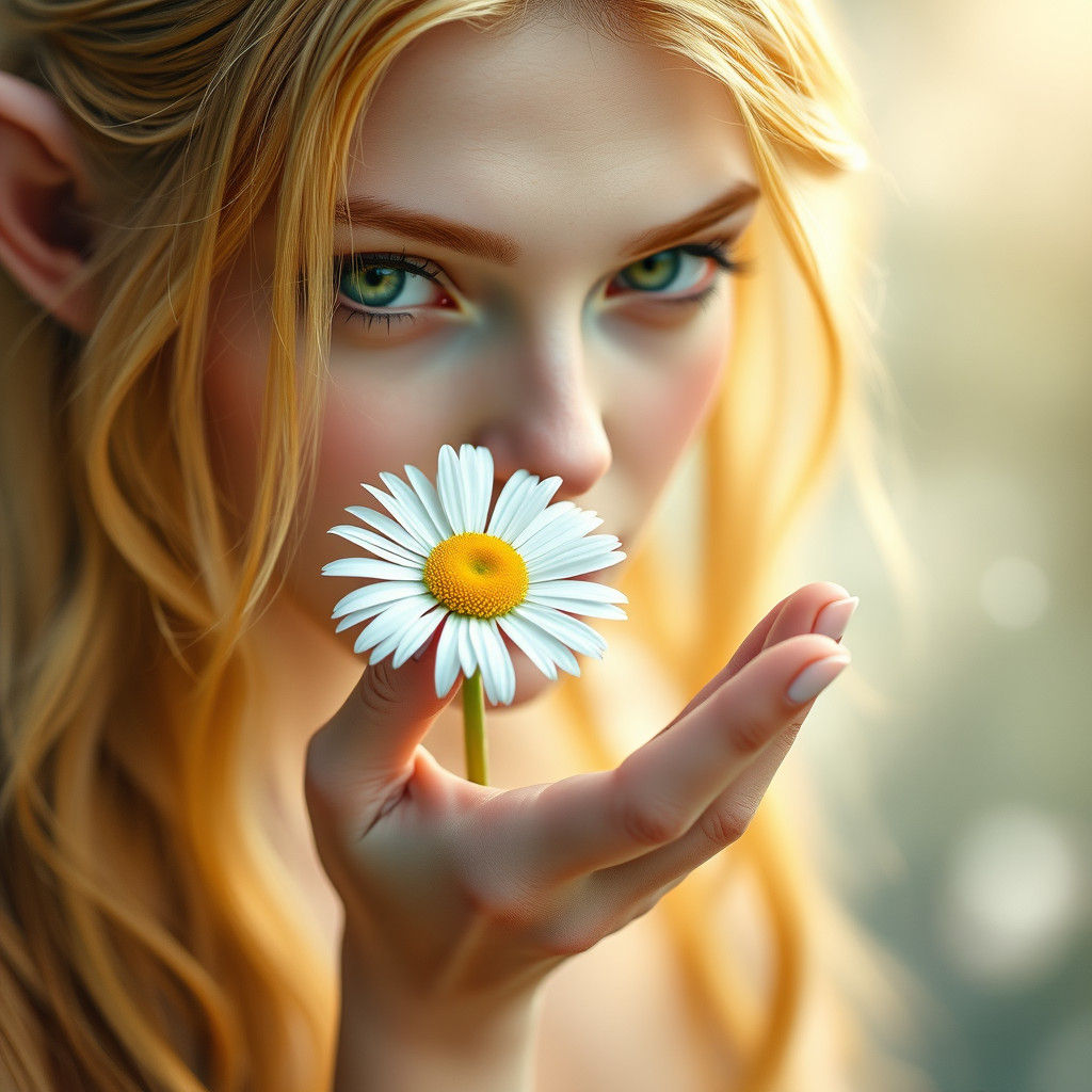 Ethereal Elf with Daisy in Dreamy Landscape