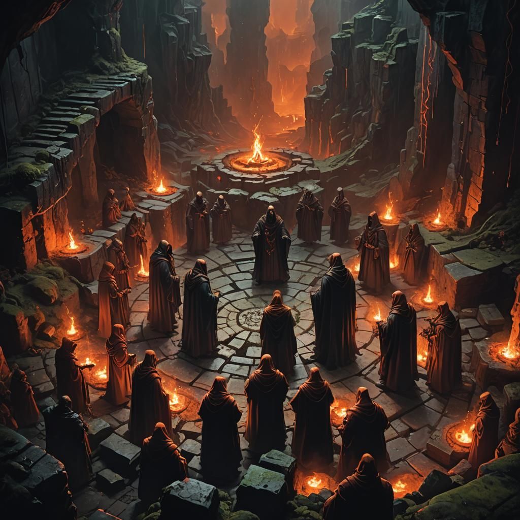 Dark Fantasy Ritual in Dimly Lit Cavern