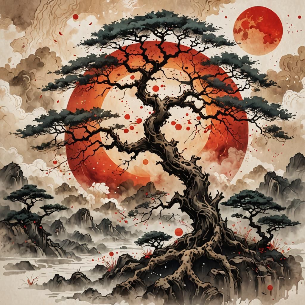 Old Tree in Chinese Ink Painting Style
