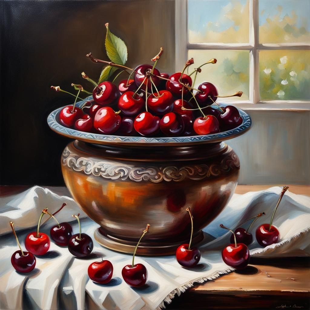 Cherries Still Life in Impressionistic Oil Painting