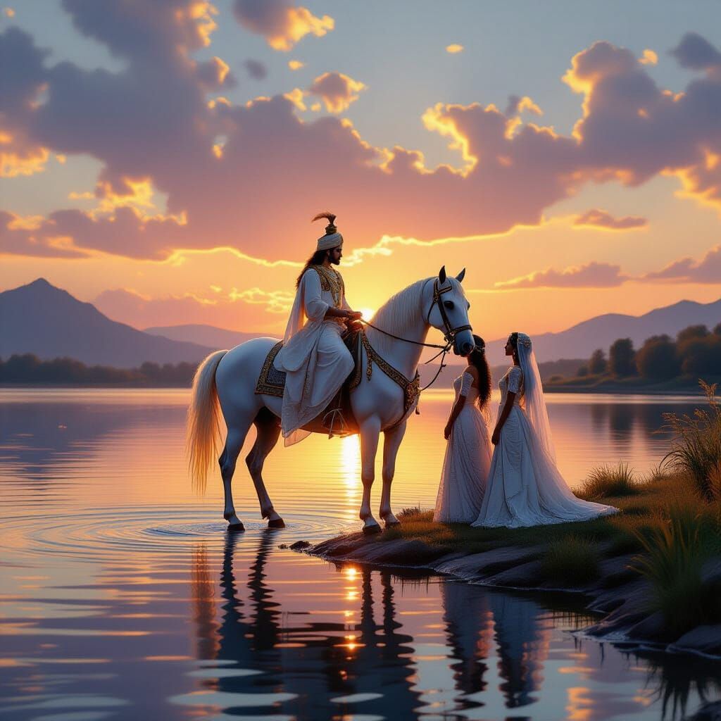 Kalki on White Horse at Sunset Lake